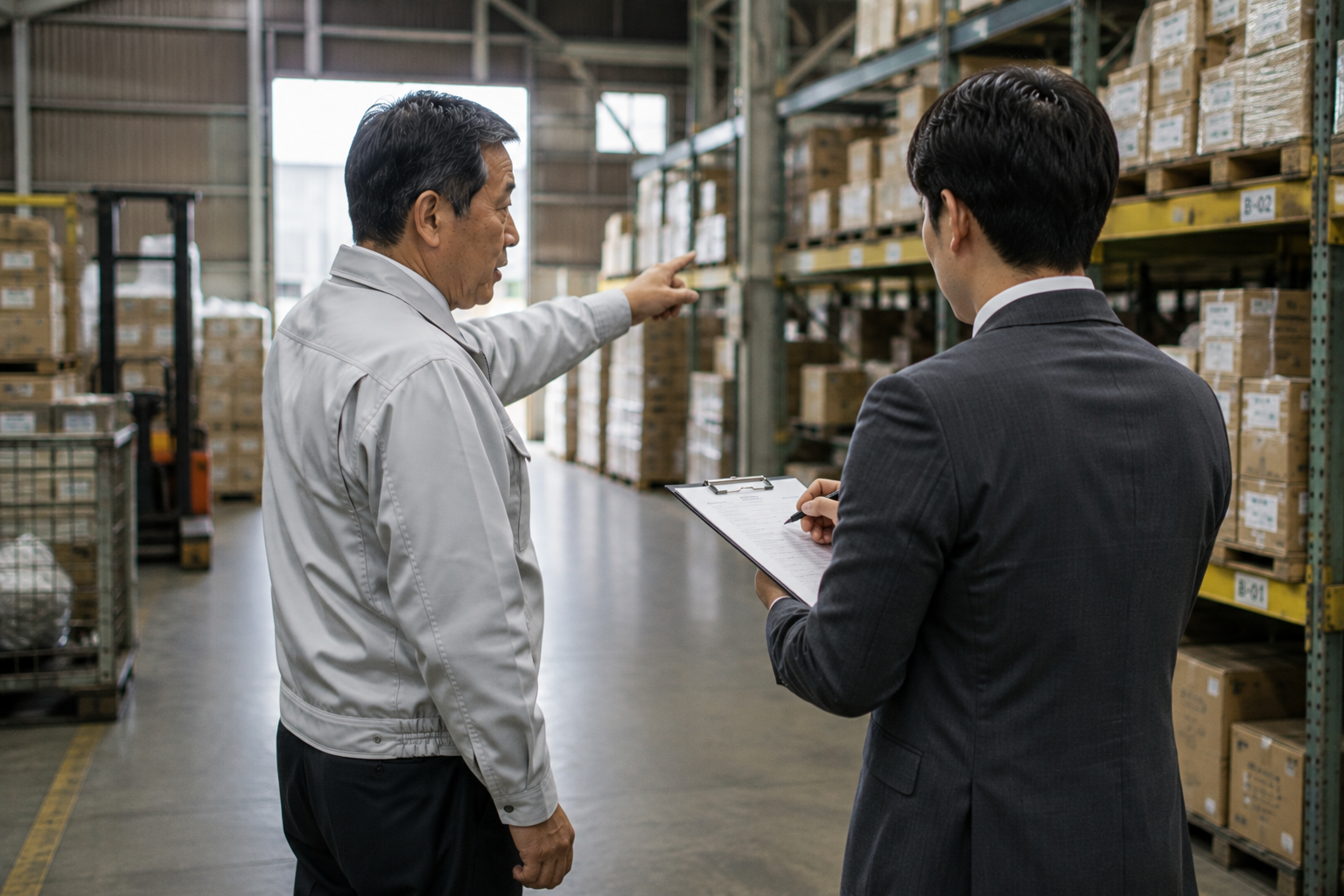 倉庫内で社長から現場の説明を受ける現場診断のイメージ